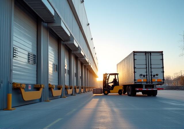Bustling cross-docking terminal with forklifts